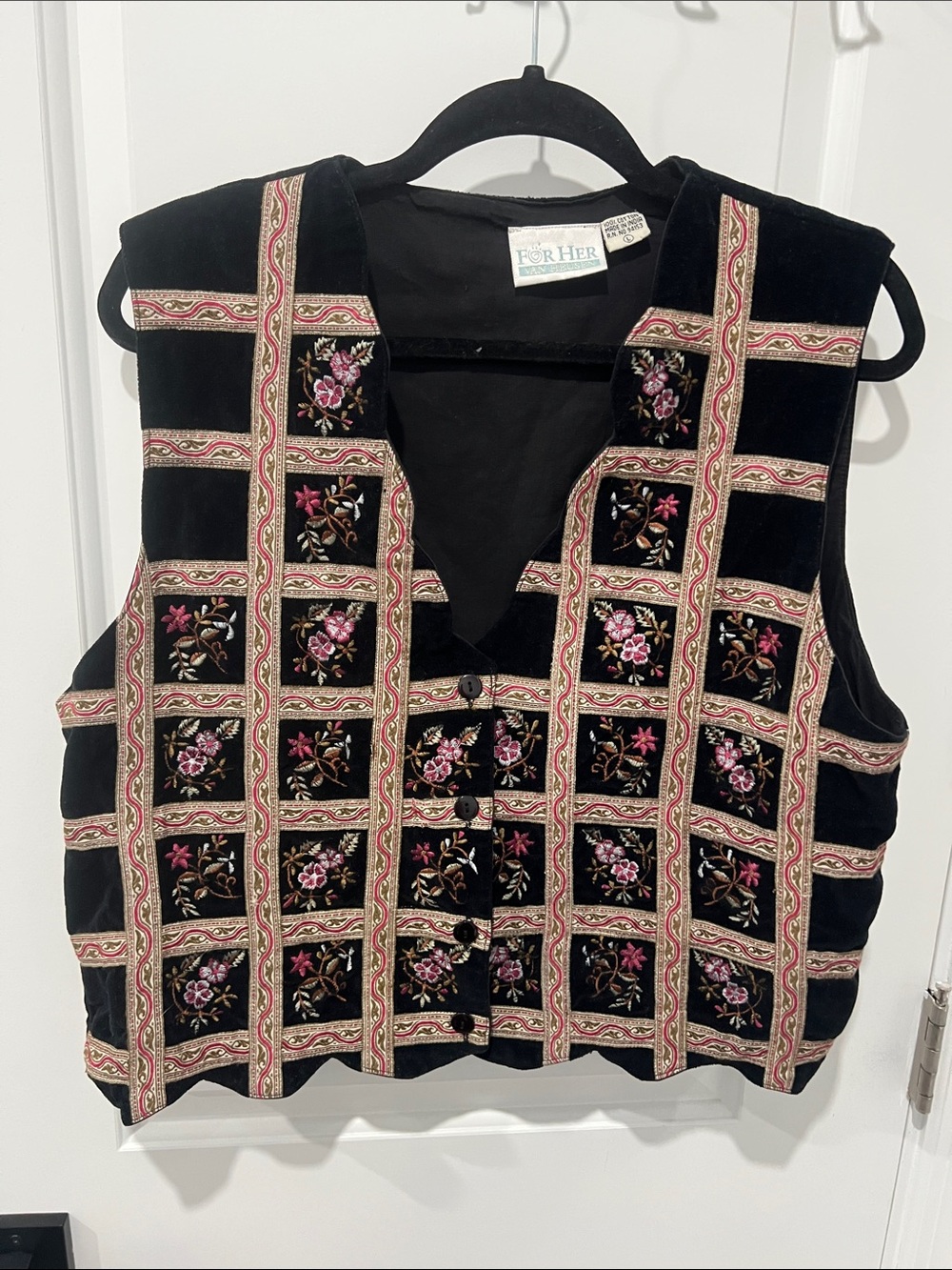 Vintage Van Heusen 100% Cotton Black Embroidered Button-Front Vest Size Large